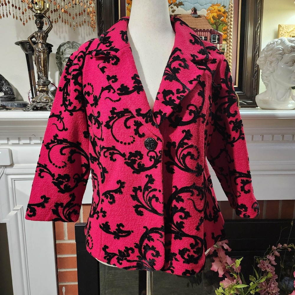Coldwater Creek Red Wool Blazer Jacket Black‎ Damask Vine 1X Plus 3/4 Sleeve